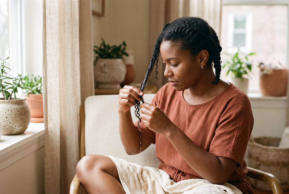 Femme démêlant aux doigts une section de cheveux afro humides