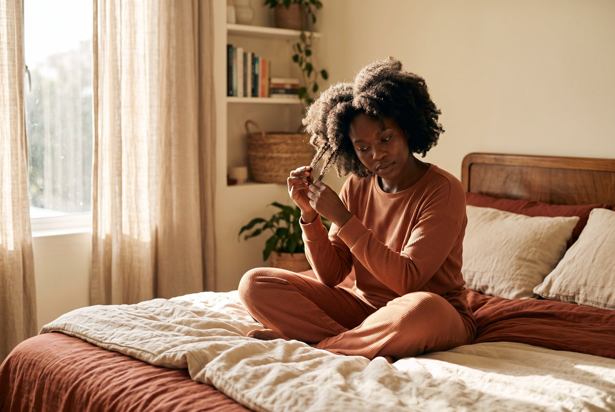 Femme aux cheveux afro séparant ses cheveux en sections dans une chambre lumineuse